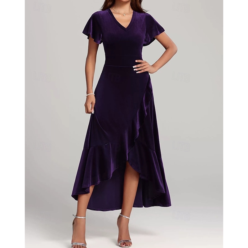 Women's Midi Dress Velvet Dress Cocktail Dress Elegant Fashion Modern Outdoor Party Party Evening Wear Regular Fit Plain Short Sleeve V Neck Black Red Purple Spring Autumn4