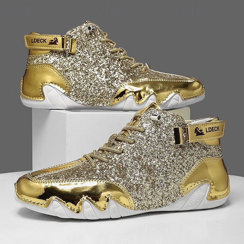 Men's Gold and White High-Top Sneakers with Shiny Detailing – Stylish and Bold, Perfect for Parties, Fashionable Nights, and Trendy Outfits4