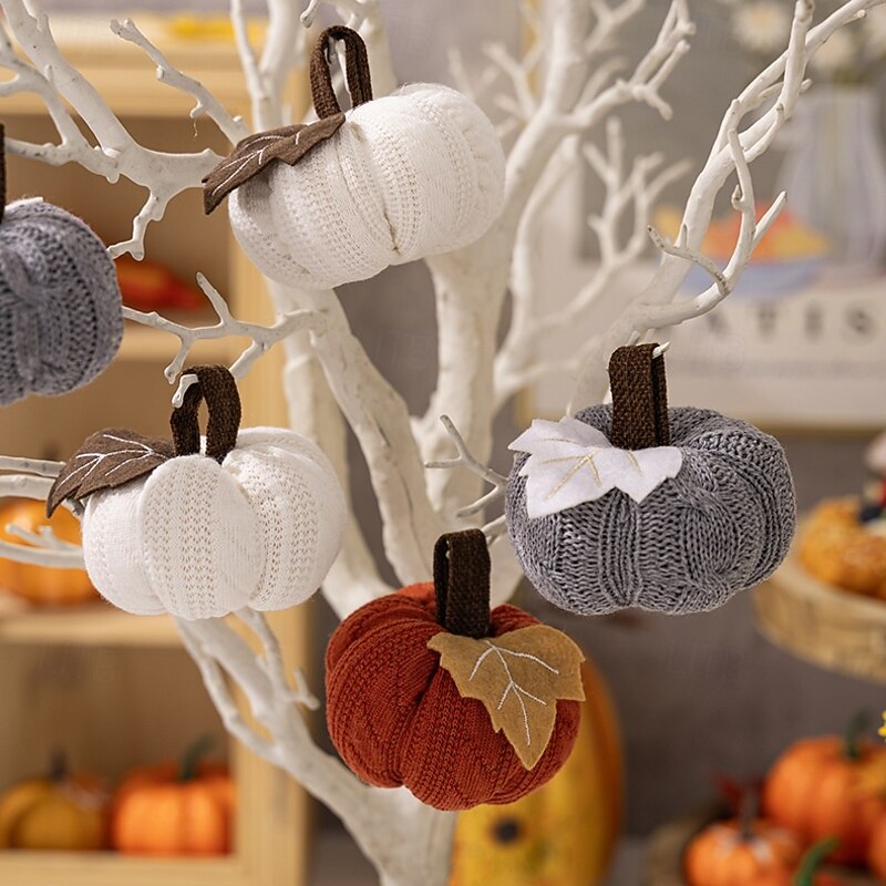 6pcs Fall Knit Pumpkin Ornaments, Thanksgiving Halloween Decorations, Orange Pumpkin Hanging Ornaments, Harvest Festival Knit Pumpkin Figurines, Autumn Home Decor4