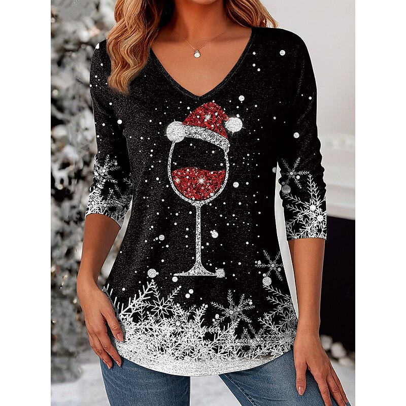 Christmas Women's T Shirt Graphic Santa Claus Snowman Vintage Stylish Casual Long Sleeve V Neck Regular Tops Daily Print Black+White+Red Black White Wine Red Spring Fall Winter4
