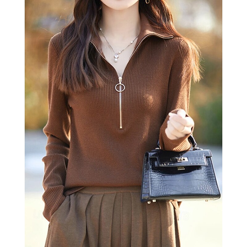 Women's Sweater Casual Soft Pure Color Ribbed Half Zip Knitted Long Sleeve Regular Tops Knit Outdoor Daily Weekend Light Brown Fall Winter2
