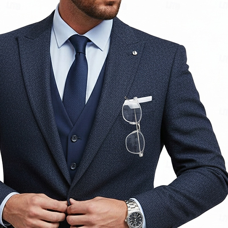 Men's Wedding Business Tweed Suits Notch Lapel Navy Blue Formal Solid Colored Slim Fit 3 Piece Single Breasted One-button2