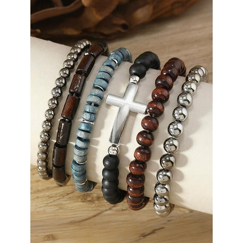 Men's Beaded Bracelet Set with Cross Charm, Multi-Layer Wooden and Metal Stretch Wristbands, Fashion Boho Jewelry for Casual, Party and Everyday Wear3
