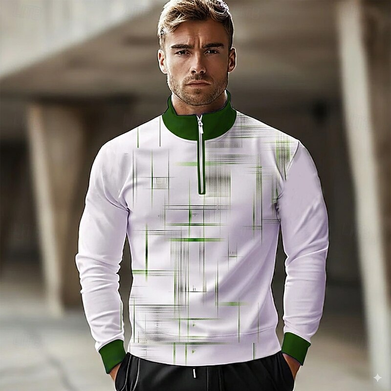 Men's Geometic Line Polo Long Sleeve Standing Collar Athleisure Vacation Athleisure Casual Daily 3D Print Spring Fall Winter Green Blue Brown3