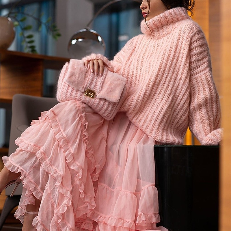 Women's Sweater Pullover Daily Stylish Casual Solid Color Ribbed Turtleneck Knitted Long Sleeve Regular Tops Knit Daily Holiday Going out White Pink Fall Winter
