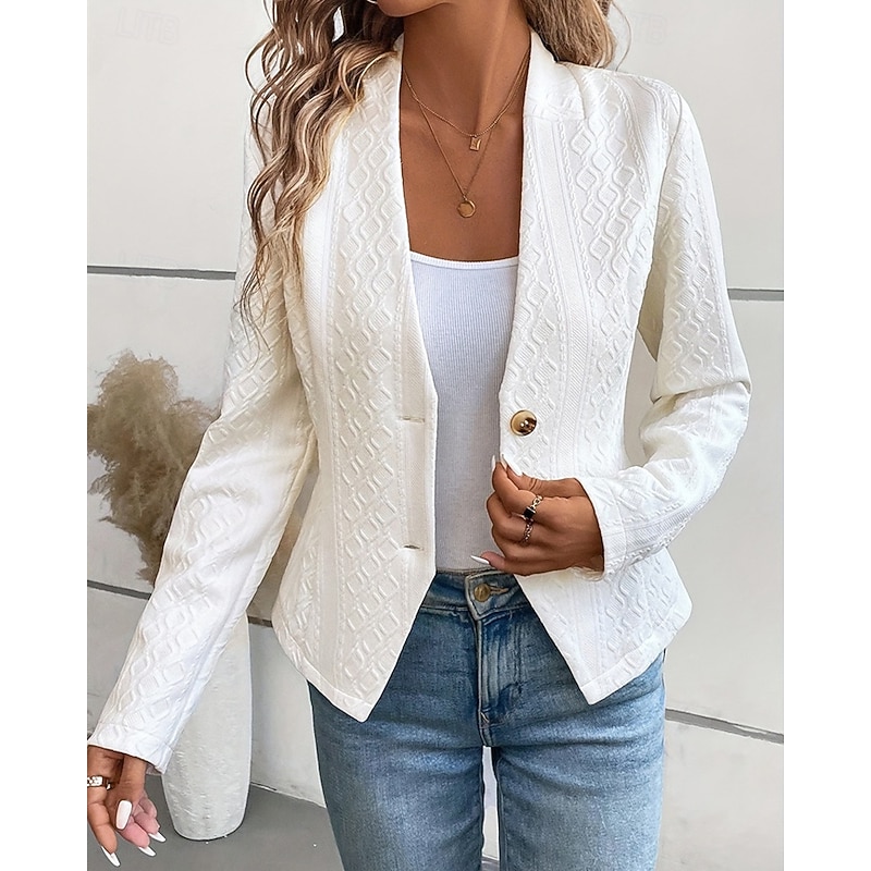 Women's Casual Jacket Comfortable Breathable Jacquard Fashion Daily Plain Outdoor Casual Daily Single Breasted Short Collarless Regular Fit Long Sleeve Outerwear White Spring Fall3