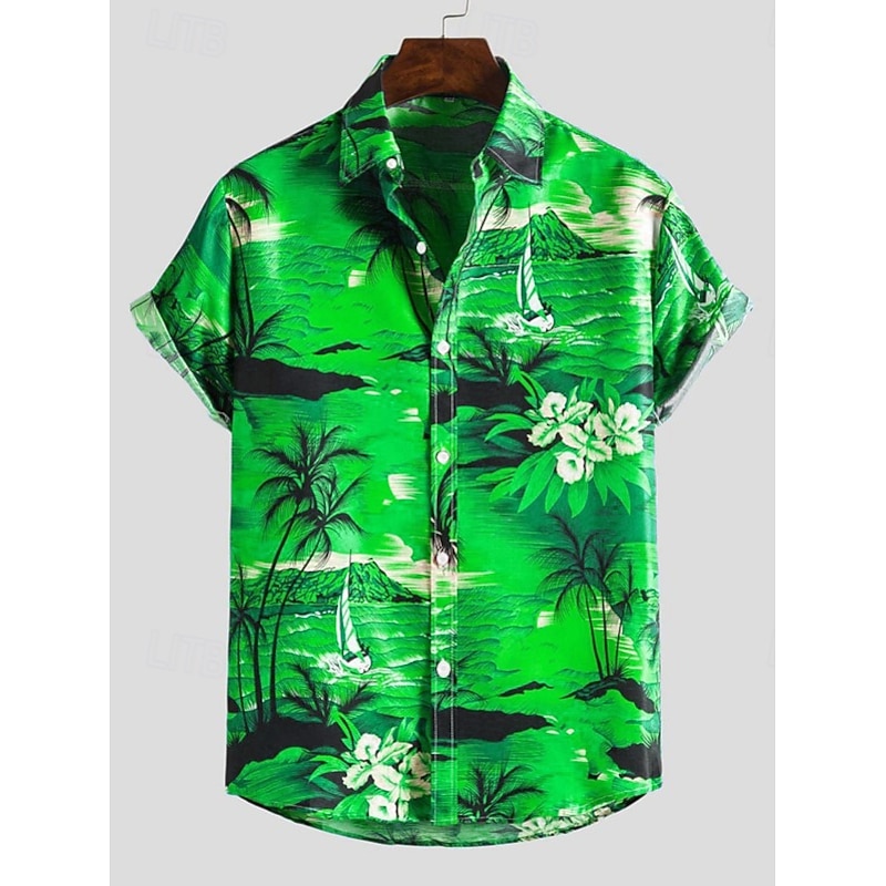 Men's Palm Tree Sea Sailboat Shirt Summer Hawaiian Shirt Aloha Shirt Short Sleeve Shirt Collar Button Down Collar Designer Boho Beach Daily Going out Pink Royal Blue Blue Other Prints S M L4