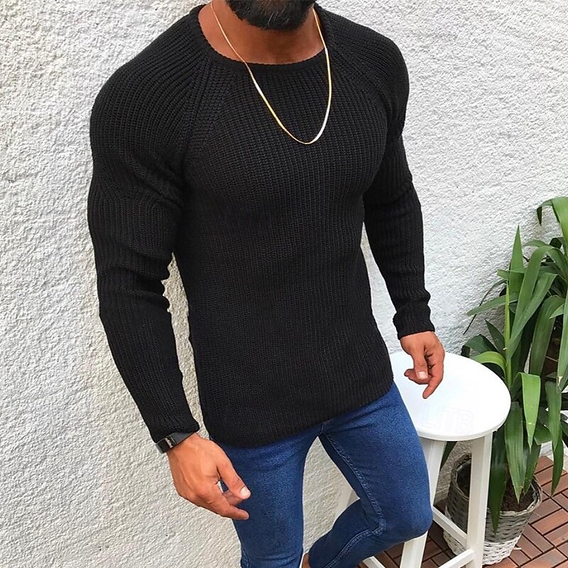 Men's Sweater Pullover Sweater Jumper Ribbed Knit Regular Tops Knitted Slim Fit Plain Crew Neck Knitwear Contemporary Casual Daily Wear Clothing Apparel Spring Fall Black Gray S M L2