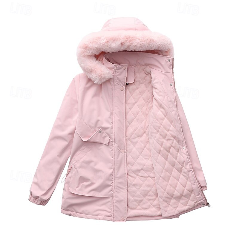 Women's Winter Coat Parka Warm Comfortable Zipper Pocket With Belt Casual Plain Vacation Street Casual Daily Wear Long Hooded Regular Fit Long Sleeve Outerwear Black Pink Wine Fall Winter4