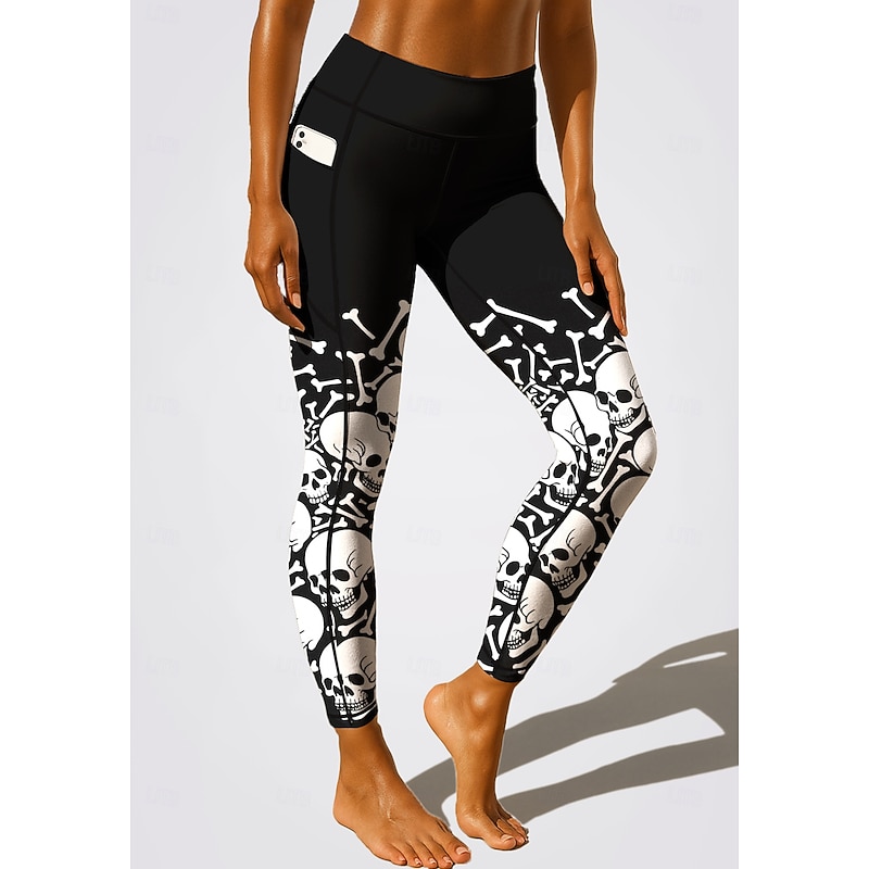 Women's Unisex pilates leggings fitness pants Gym Leggings Pockets Stamp Duty Side Pockets Pilates Gym Gym Workout Pants Tights Leggings Halloween Black-White Orange White Sports Activewear Stretchy2
