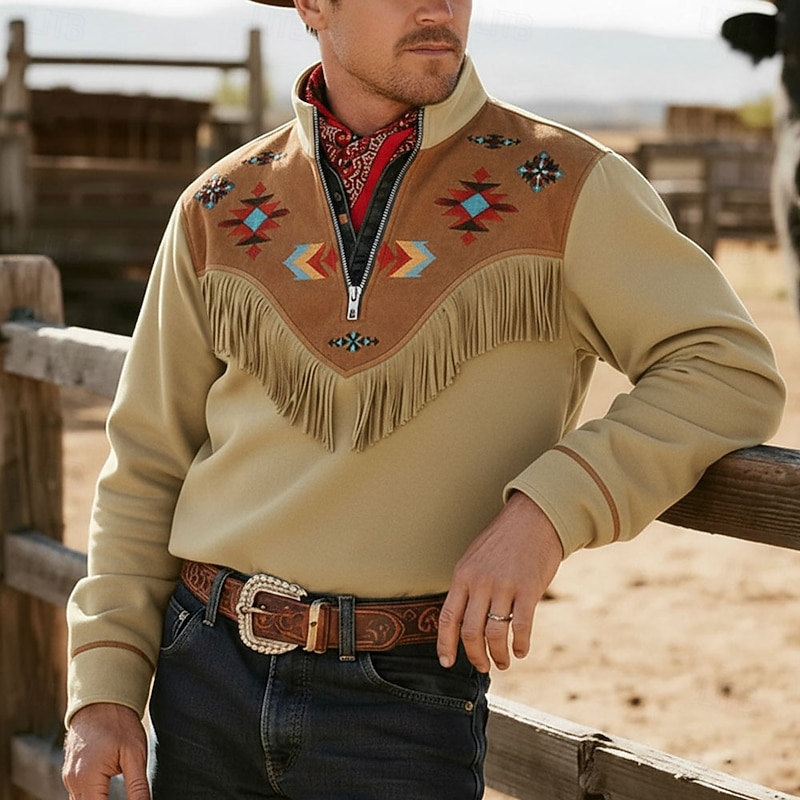 Men's Cowboy Costume Sweatshirt Ethnic Vintage Retro Stand Collar Outdoor Work Gift Black Brown Zipper Fall Winter Designer4