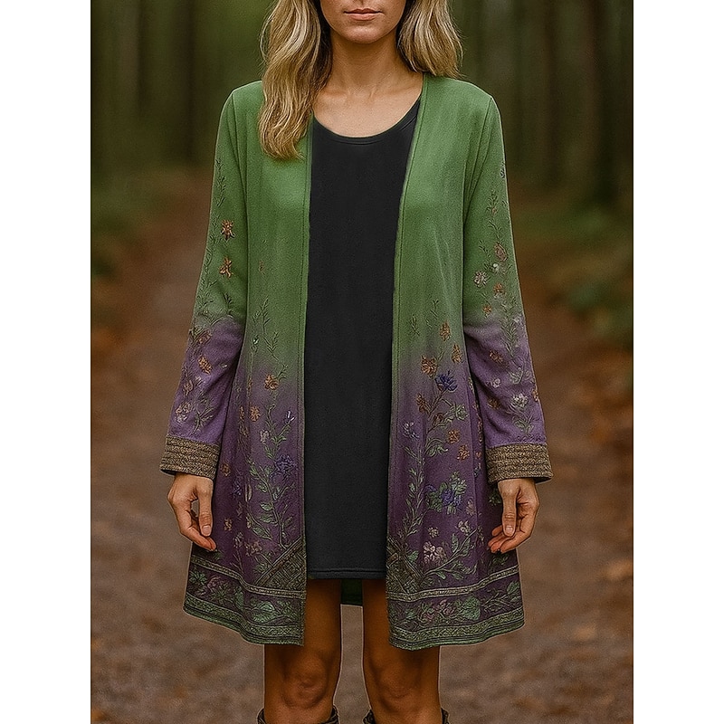 Women's Winter Coat Trench Coat Lightweight Comfortable Print Open Front Vintage Fashion Casual Floral Vacation Casual Long Collarless Regular Fit Long Sleeve Outerwear Green Spring Fall2