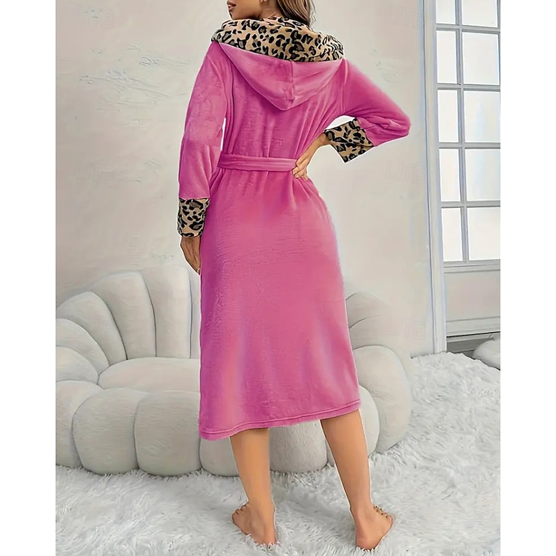 Women's Pajamas Nightgown Fashion Leopard Lace Patchwork Pocket Vacation Home Bed Long Sleeve V Neck Black Khaki Rose Red Fall Winter Tailored Fit3