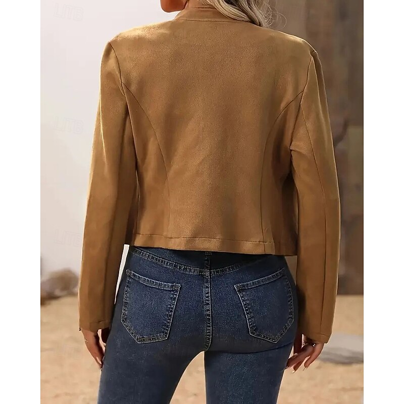 Women's Faux Leather Jacket Warm Comfortable Patchwork Buttons Vintage Casual Plain Vacation Street Casual Daily Wear Short Stand Collar Regular Fit Long Sleeve Outerwear Black Brown Khaki Fall Winter3