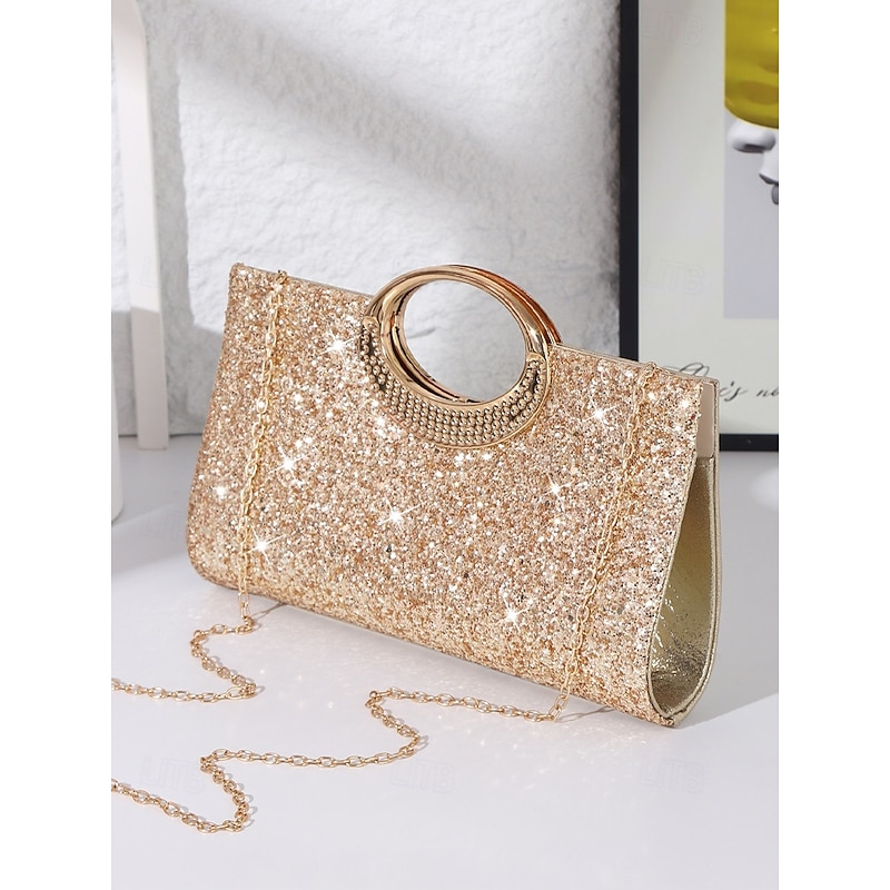 Women's Glitter Silver Gold Evening Clutch Bag with Metallic Ring Handle, Elegant and Stylish Handbag for Parties, Weddings and Formal Event