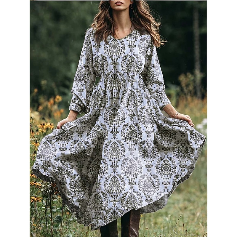 Women's Midi Dress A Line Dress Vacation Casual Boho Beach Loose Fit Floral Graphic Paisley Long Sleeve V Neck Pink Blue Purple Green Spring Fall Winter Autumn4