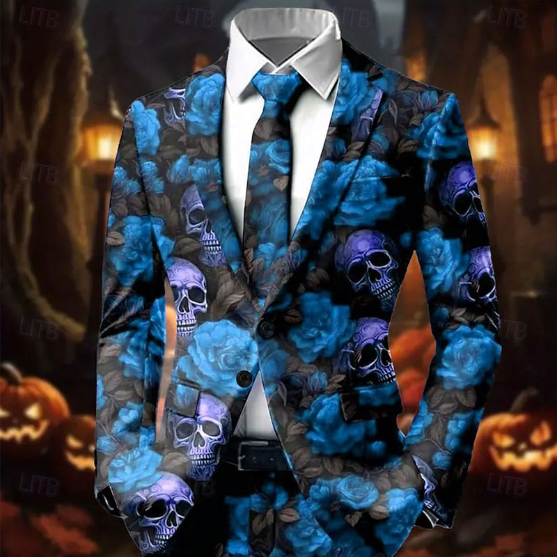 Halloween Men's Coat Blazer Street Casual Festival Fashion Casual Daily All Seasons 100% Polyester Cool Skulls Rose 3D Print Buttons Comfortable Single Breasted Blazer Red Blue Green Rose Red3