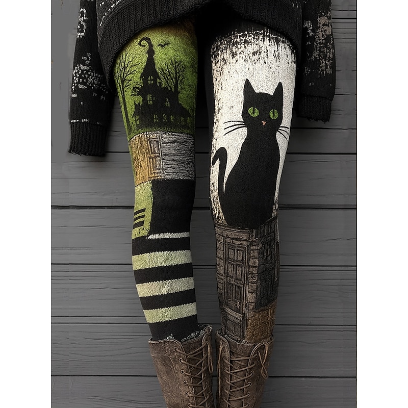 Women's Leggings Vacation Vintage Ethnic Style Full Length High WaistPantsHalloween Graphic Animal Cat 3D Print Quick Dry Breathability Soft Stretchy Formal Outdoor Vacation Dark Grey Orange Green