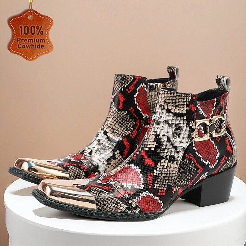 Men's Red and Black Snake Print Leather Boots – Exotic Pointed Toe Ankle Boots with Metal Cap for Weddings, Gatsby Parties and Evening Outfits