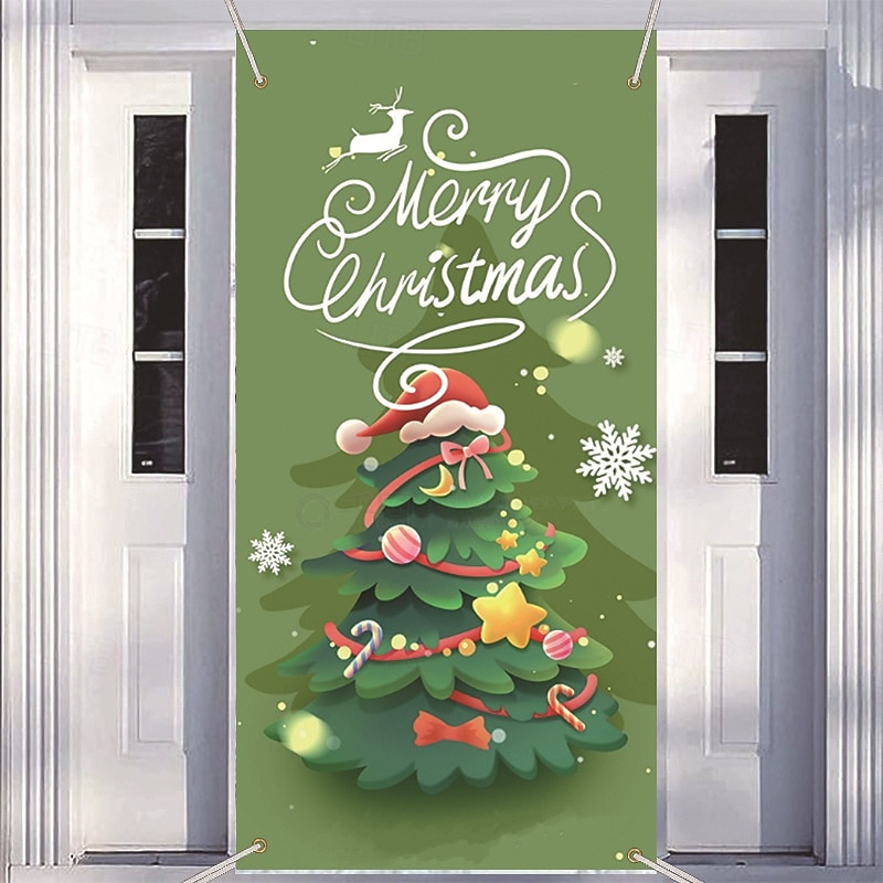 Green Christmas Tree Door Cover, Festive Holiday Backdrop Tapestry Wall Hanging for Family Gathering and Home Decoration4