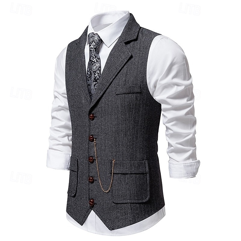 Men's Vest Waistcoat Gilet Vacation Party Business Fashion Casual Spring Fall Pocket Buttons Polyester Comfortable Plain Single Breasted One-button Lapel Regular Fit Navy Blue Coffee Gray Vest2