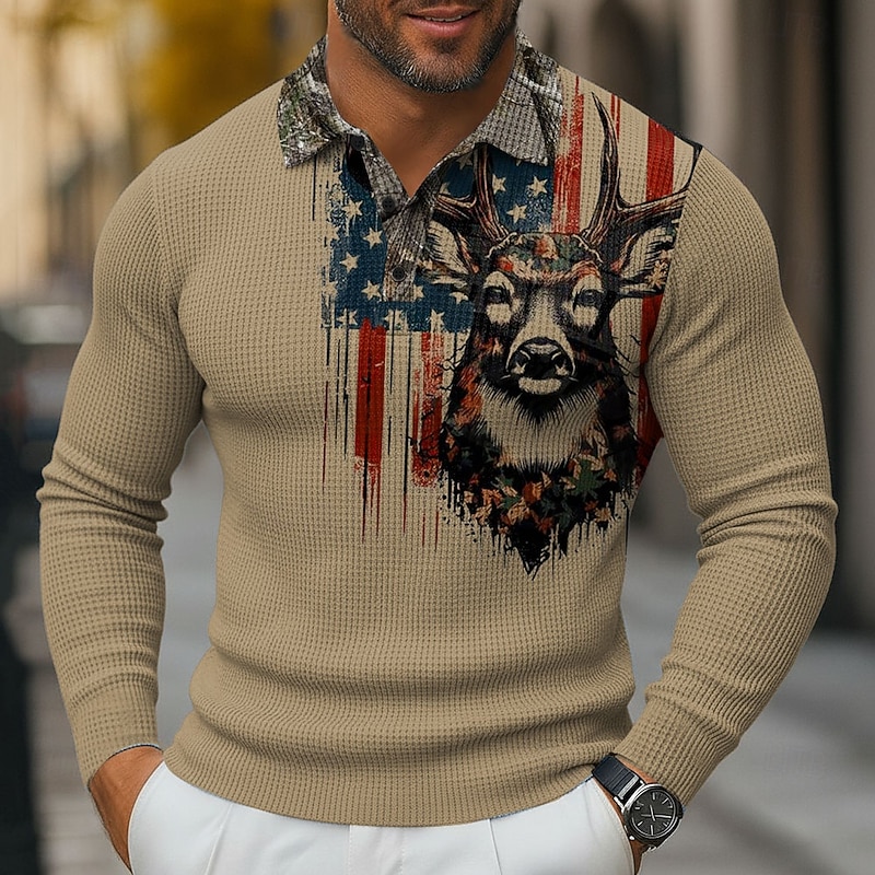 Men's Animal Elk Waffle Polo Shirts Long Sleeve Polo Shirts Collared Shirts Casual Daily Wear Buttons Spring Fall Winter Brown Gray