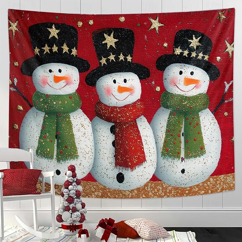Christmas Wall Tapestry Backdrop, Colorful Family of Snowmen with Scarves and Hats, 2025 Xmas Winter Holiday Wall Hanging for Bedroom Living Room Decoration3