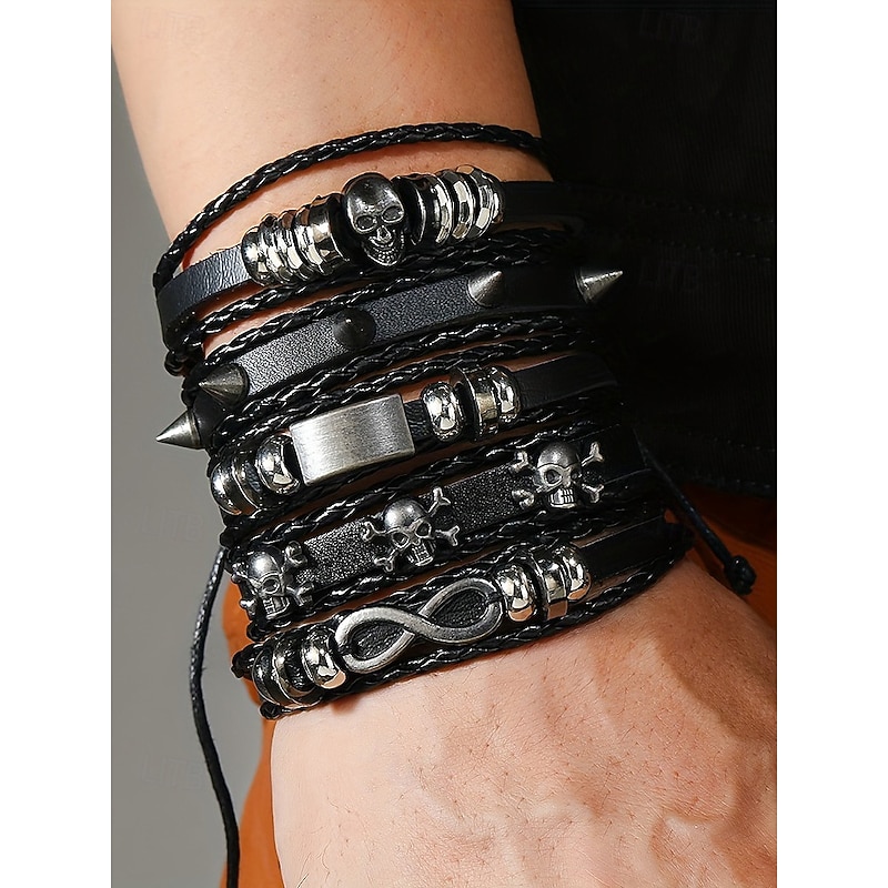 Men's Halloween Skull Leather Bracelet Set – Gothic Punk Multi-Layer Wrap Wristbands with Spikes and Charms for Party, Cosplay and Nightlife Fashion