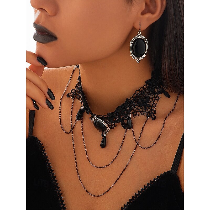 Women's Halloween Gothic Lace Choker Necklace and Earrings Set – Vintage Black Jewelry with Chains for Costume Party and Cosplay2