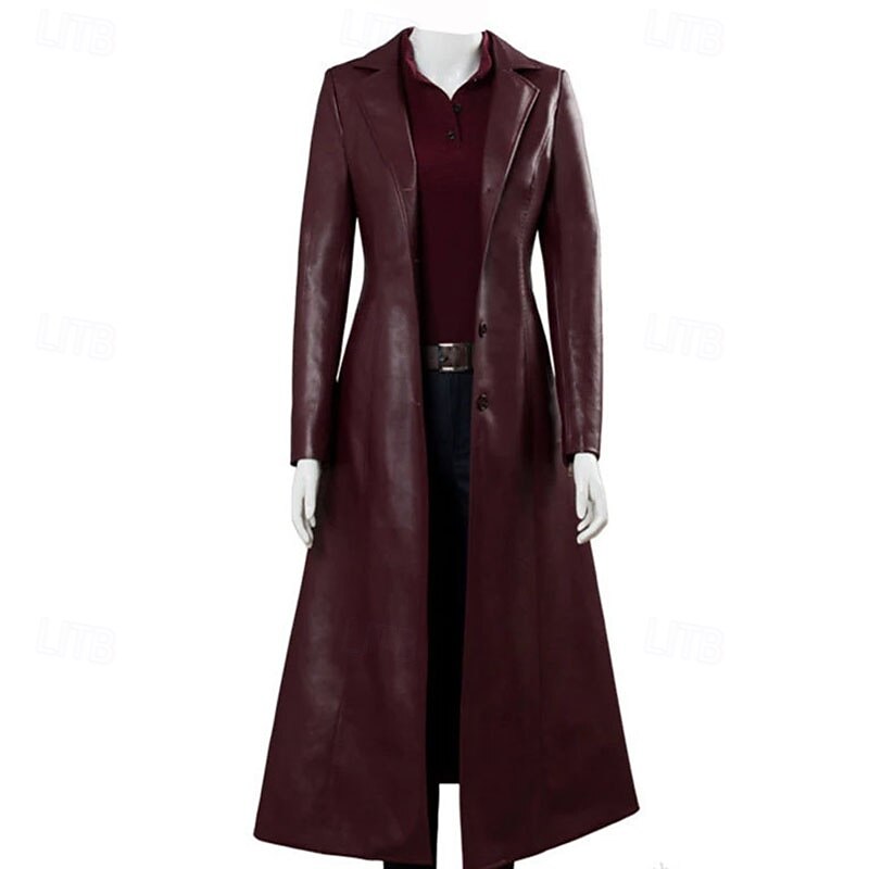 Women's Faux Leather Jacket Coat Warm Comfortable Pocket Buttons Casual Plain Vacation Street Daily Wear Going out Long Turndown Regular Fit Long Sleeve Outerwear Black Wine Blue Fall Winter2