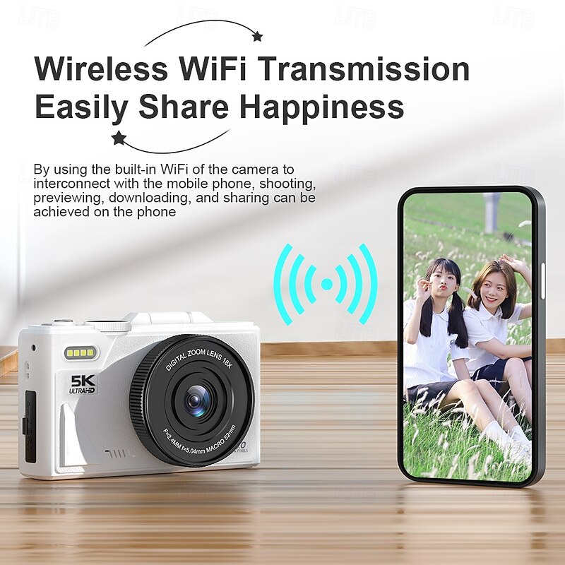HD 5K flip screen mirrorless digital camera with WiFi mobile connectivity 3-inch IPS screen suitable for students for photography and videography.2