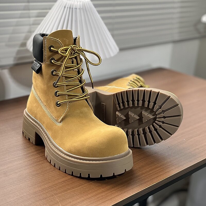 Men's Yellow Nubuck Faux Leather Lace-Up Boots with Padded Collar and Thick Sole, Casual Outdoor Workwear Shoes for Hiking, Camping and Everyday Use4
