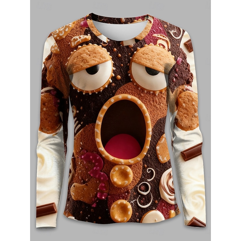 Christmas Women's T Shirt Geometric Vintage Stylish Casual Long Sleeve Crew Neck Regular Tops Weekend Print Fuchsia Brown Khaki Winter2