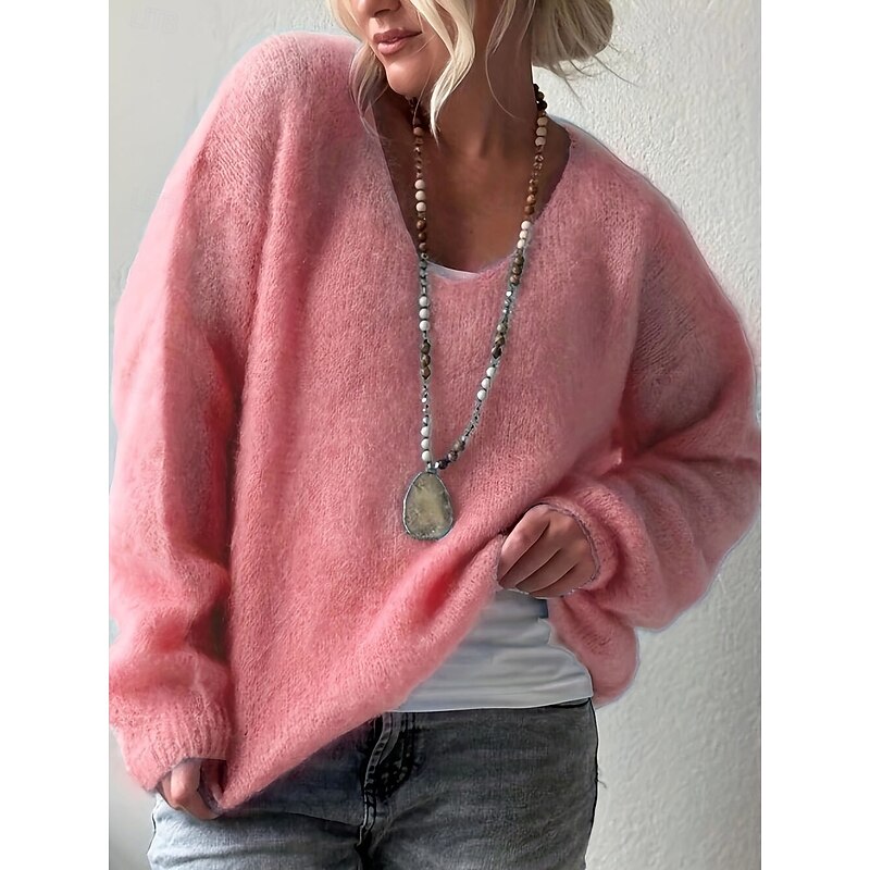 Women's Sweater Elegant Fashion Streetwear Pure Color V Neck Knitted Long Sleeve Regular Tops Knit Outdoor Daily Weekend Pink Blue Spring Fall - Main Image