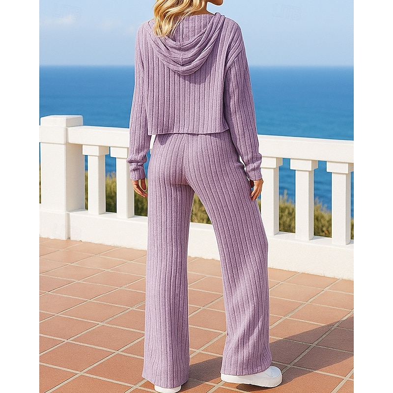 Women's Knitted Sweatsuits Hooded Sweatshirt Lounge Suits Drawstring Solid Colored Clothing Suit Fall Black Purple Vocation Outdoor Travel Lightweight Fashion Long Sleeve Sport Activewear2