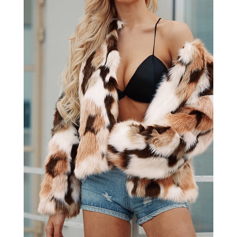 Women's Faux Fur Coat Warm Comfortable Furs & Leathers Casual Tie Dye Vacation Street Going out Weekend Short Crewneck Regular Fit Long Sleeve Outerwear Camel Fall Winter
