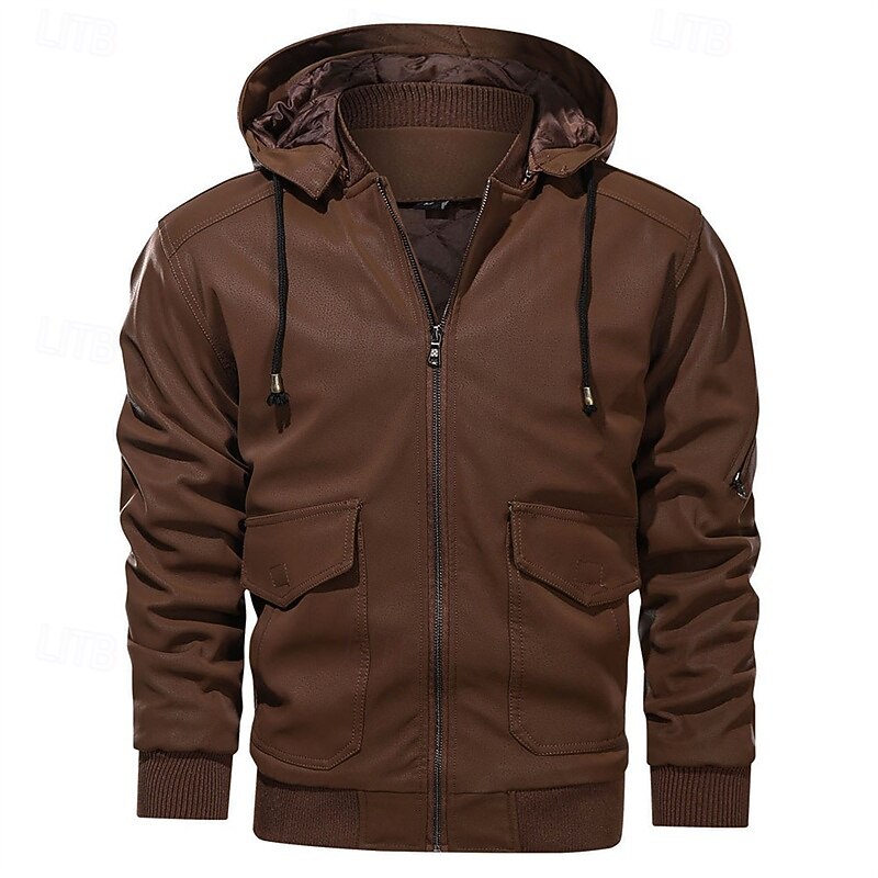 Men's Faux Leather Jacket Quilted Jacket Hoodie Jacket Vacation Daily Windproof Warm Pocket Detachable Hood Fall Winter Plain Fashion Classic Hooded Regular Black Brown Jacket2