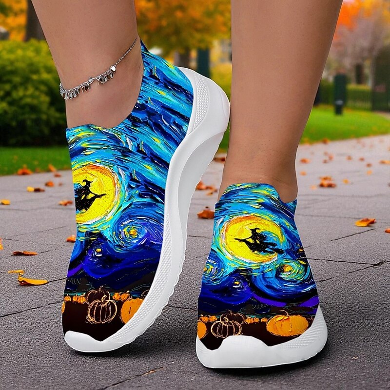 Women's Orange Lightweight Walking Sneakers with Ghost and Pumpkin Print – Casual Shoes for Halloween Theme and Daily Wear2