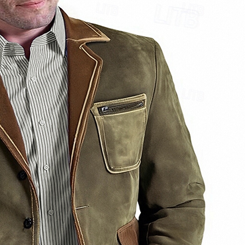 Men's Faux Suede Jacket Faux Suede Blazer Business Cocktail Party Wedding Party Fashion Casual Spring &  Fall Polyester Color Block Pocket Buttons Comfortable Single Breasted Blazer Green2