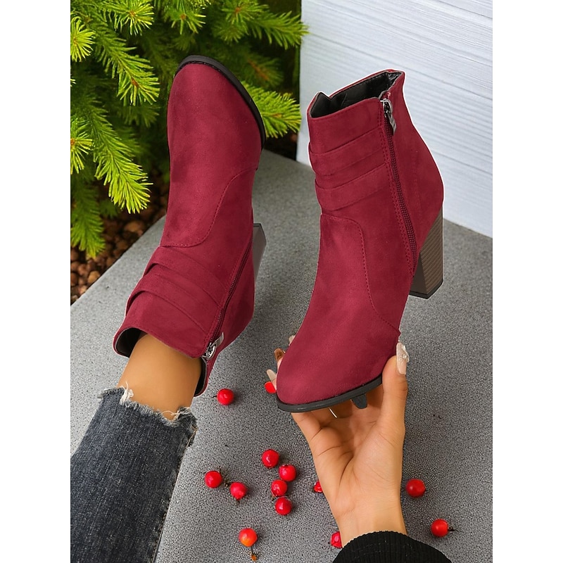 Women's Burgundy Ankle Boots – Faux Suede Block Heel Zipper Booties with Strap Detail for Casual Wear and Fall Outfits4