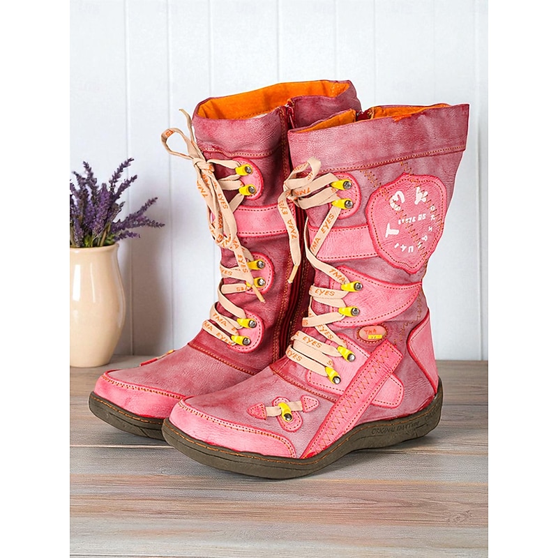 Women's Red Lace-Up Mid-Calf Combat Boots with Fleece Lined, Vintage Farmhouse Style Comfortable Handmade Boots for Casual Outfits & Outdoor Winter Wear2