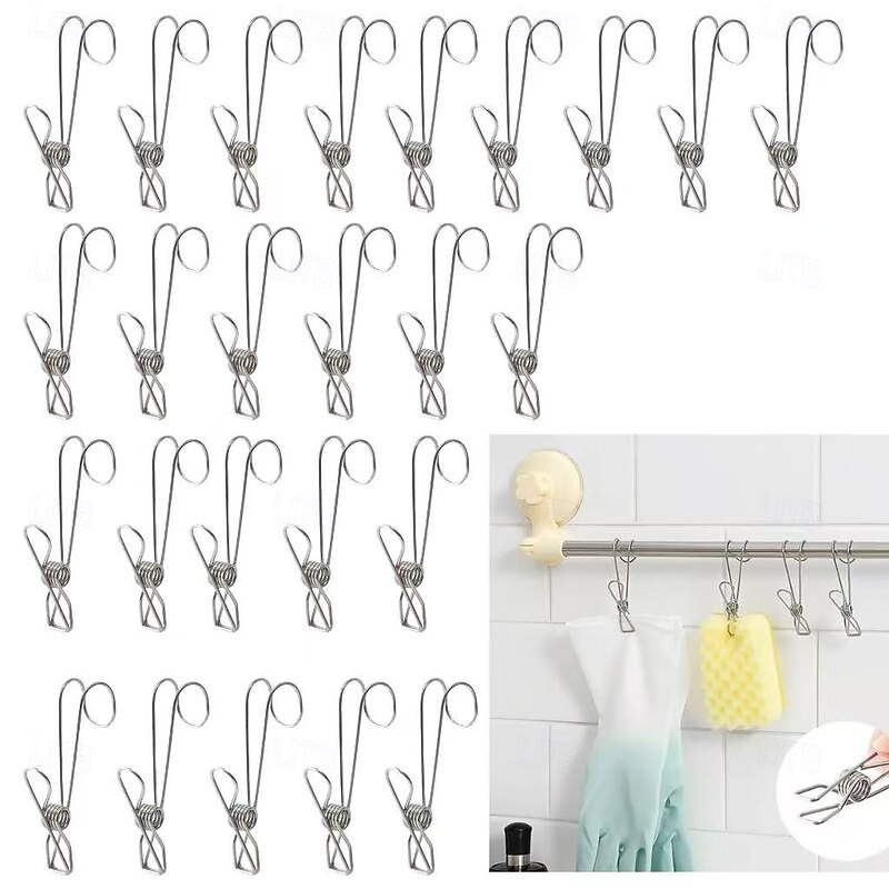 25pcs Stainless Steel Clothes Pins Hook Clip Durable Hanging Clips Multipurpose Curved Hook Clamps For Kitchen Bathroom Storage Household Laundry Sock Drying Organizer Reusable Metal Clips