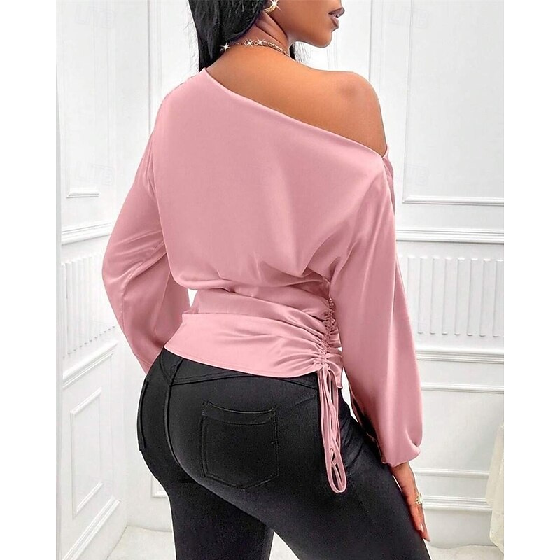 Women's Shirt Elegant Dressy Satin Plain Stylish Casual Long Sleeve Cold Shoulder Regular Tops Daily Going out Asymmetric Yellow Pink Red Apricot Spring Fall3