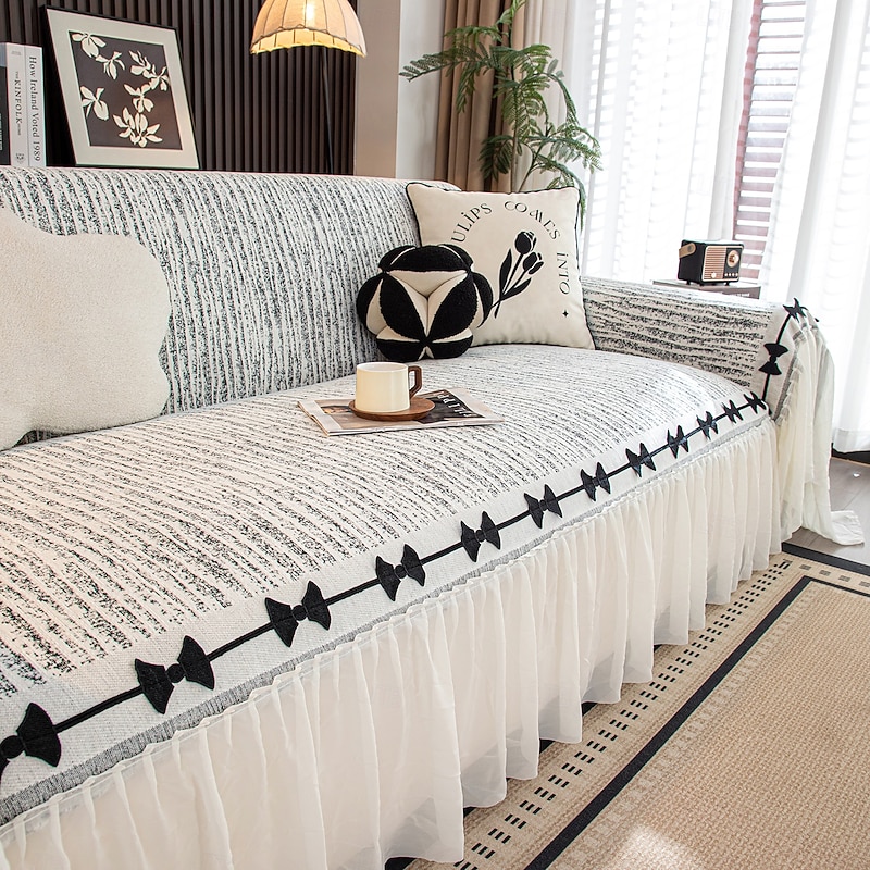 Bow Skirt Couch Cover for Pets, Pet-Friendly Printed Sofa Towel Slipcover, Dustproof Non-Slip Elegant Sofa Protector for 1-4 Seat and L-Shaped Sofas4