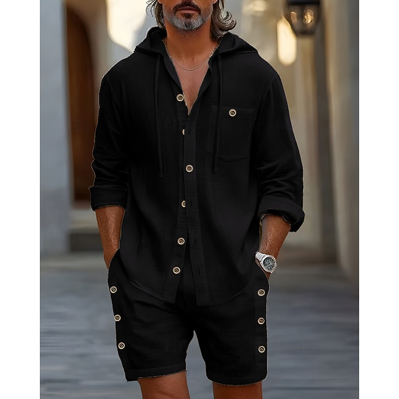 Men's Linen Shirt T-shirt Suits 2 Pieces Outfits Tee & Shorts Long Sleeve Hooded Summer Spring Plain Fashion Casual 2 Piece Button-Down Vacation Daily Wear Going out Black White khaki Top Tee for Men3