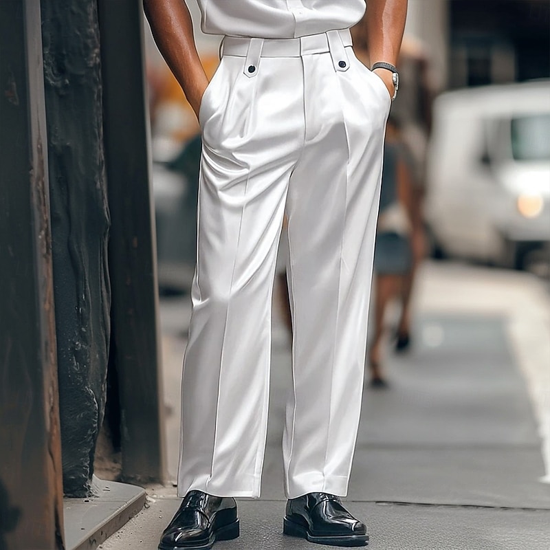Men's Trousers Dress Pants Satin Pants Suit Pants Pocket Plain Comfort Soft Knee Length Formal Party Business Fashion Streetwear Black White Inelastic2