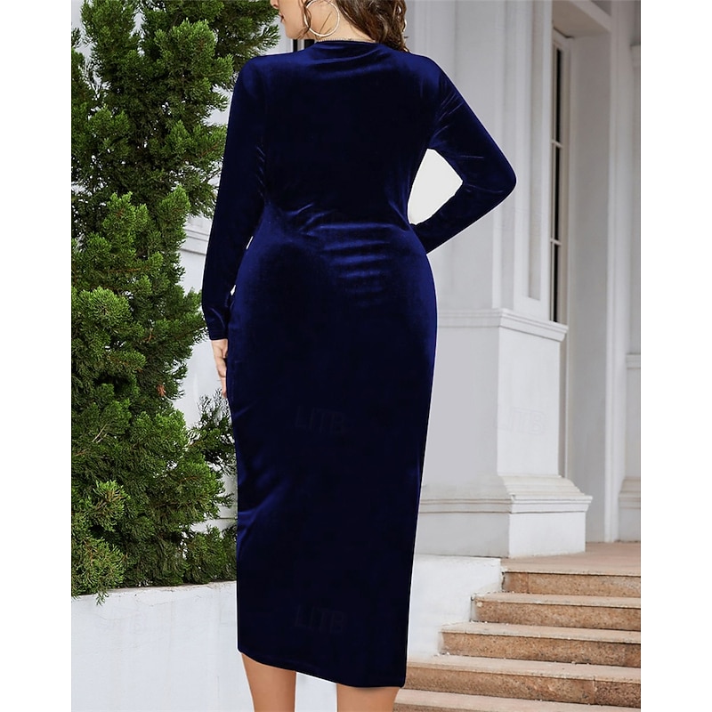 Women's Midi Dress Velvet Dress Cocktail Dress Elegant Fashion Modern Evening Party Date Weekend Regular Fit Plain Long Sleeve V Neck Blue Spring Fall2