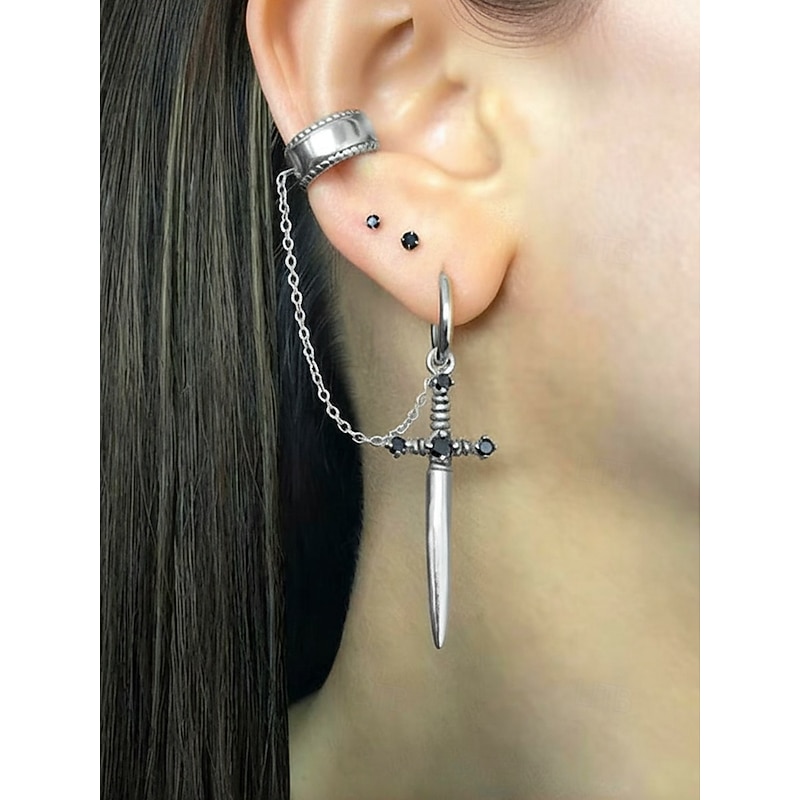 Women's Halloween Gothic Dagger Chain Earrings – Punk Rock Alloy Ear Cuff Jewelry for Parties and Cosplay3