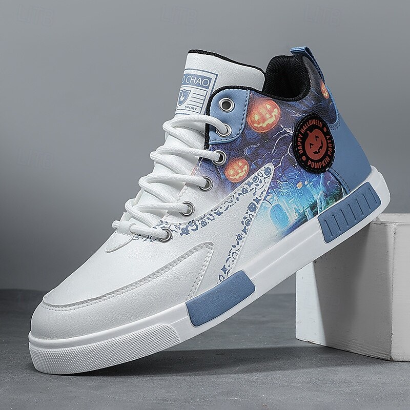Men's Halloween High Top Sneakers – White Streetwear Shoes with Colorful Skull and Galaxy Print, Casual Lace-Up Style for Party, Cosplay and Festival Wear