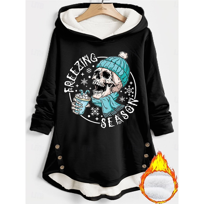Women's Pullover Hoodie Sweatshirt Graphic Skull Letter Warm Casual Long Sleeve Hooded Long Tops Street Dailywear Casual Buttons Print Black Pink Blue Gray Fall Winter4